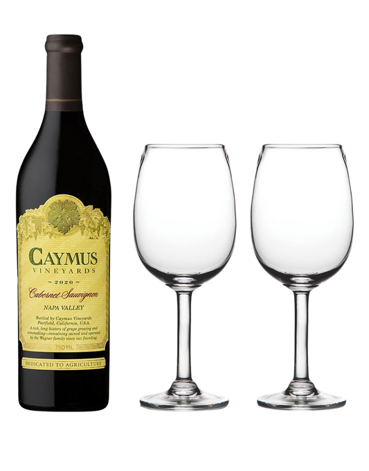 CAYMUS NAPA VALLEY CABERNET SAUVIGNON 2019 AND SIMON PEARCE WOODSTOCK RED WINE GLASSWARE BUNDLE 750 ML