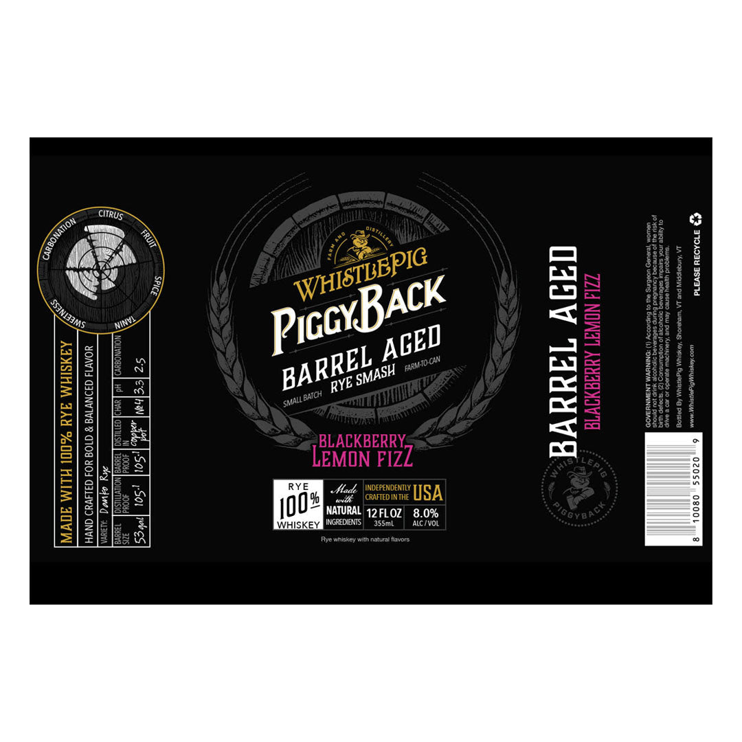 Whistlepig PiggyBack Barreled Age Rye Smash Canned Cocktail Blackberry Lemon Fiz 750mlz