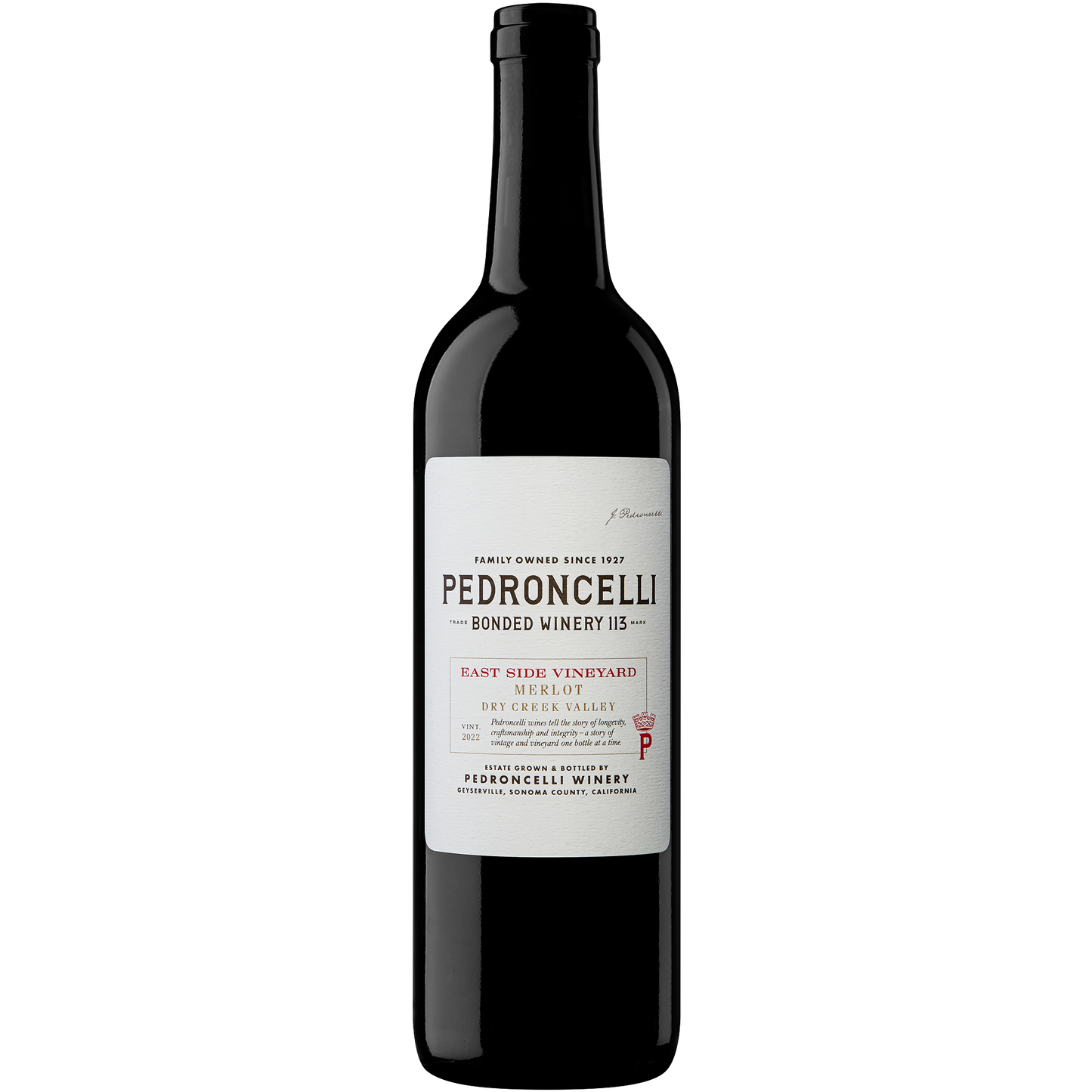 Pedroncelli East Side Vineyard Merlot 2022 Front Bottle Shot