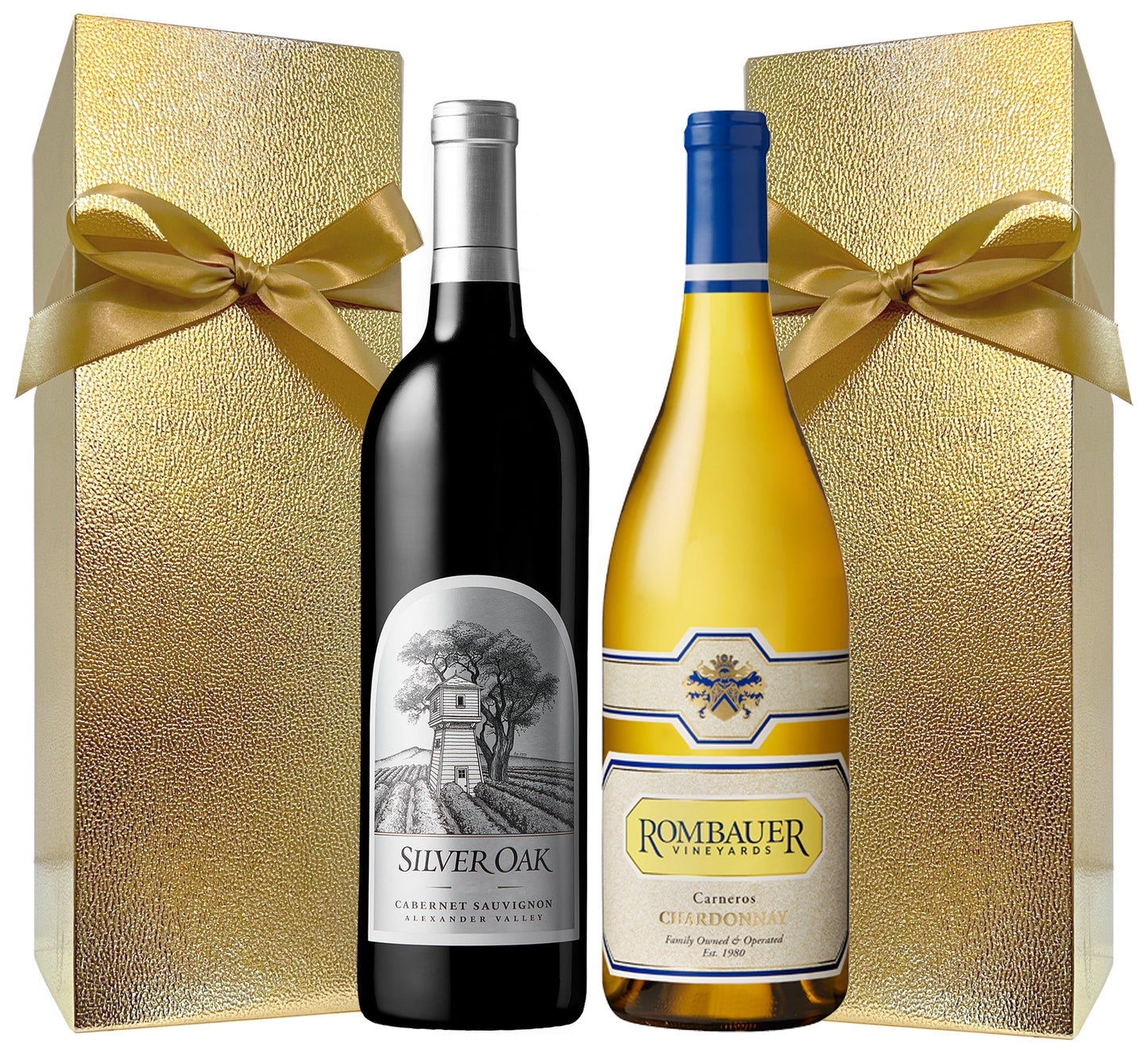 Silver Oak Alexander Valley Cabernet & Rombauer Chardonnay with Gold Gift Boxes