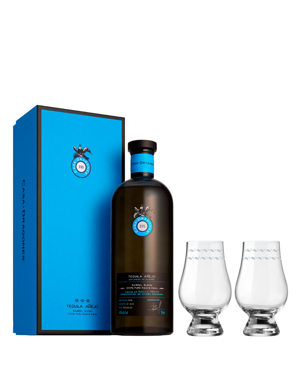 TEQUILA CASA DRAGONES AÑEJO WITH HAND-ENGRAVED GLENCAIRN GLASSES 750 ML