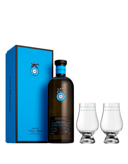TEQUILA CASA DRAGONES AÑEJO WITH HAND-ENGRAVED GLENCAIRN GLASSES 750 ML