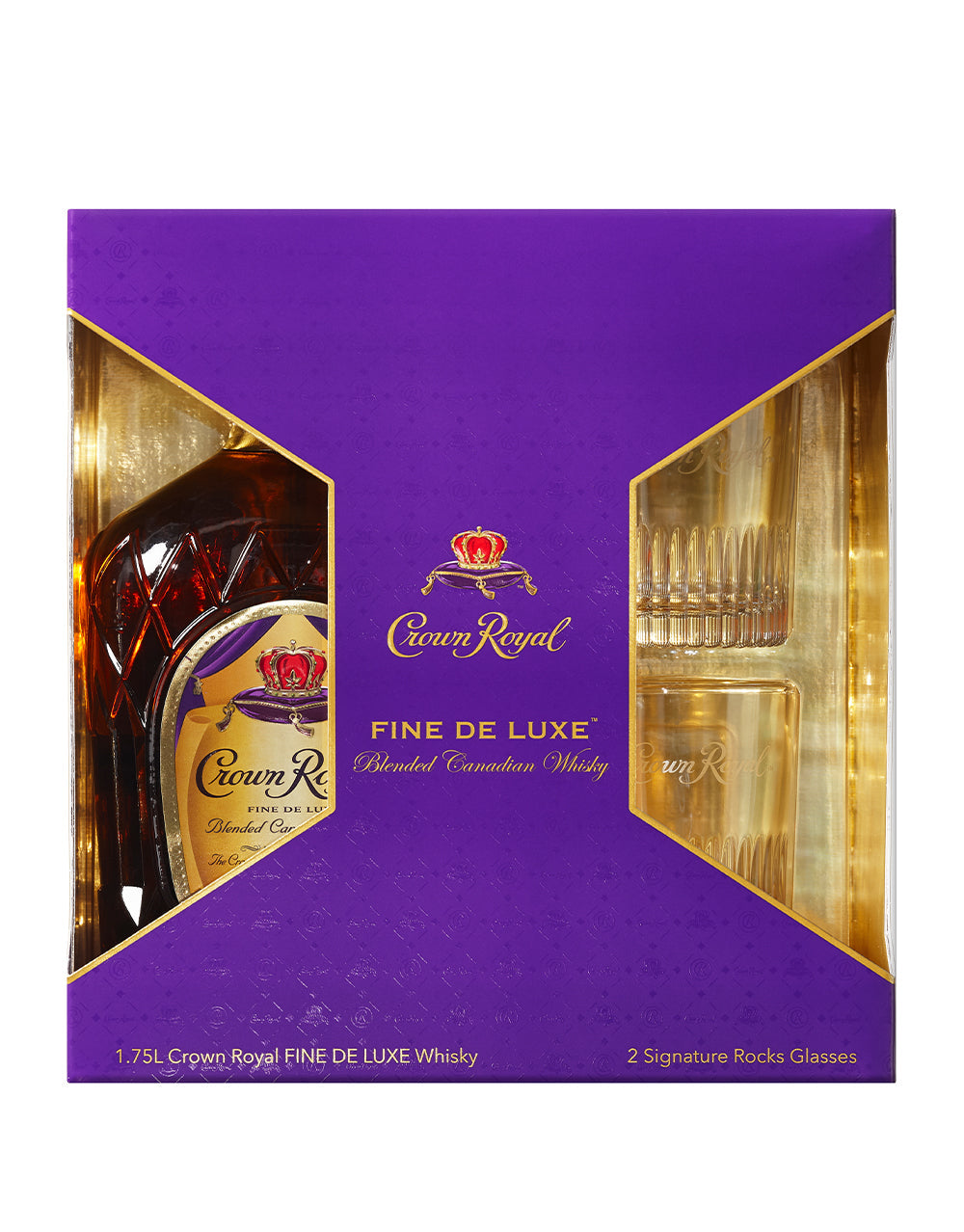 CROWN ROYAL FINE DE LUXE BLENDED CANADIAN WHISKY WITH TWO SIGNATURE ROCKS GLASSES 1.75 L