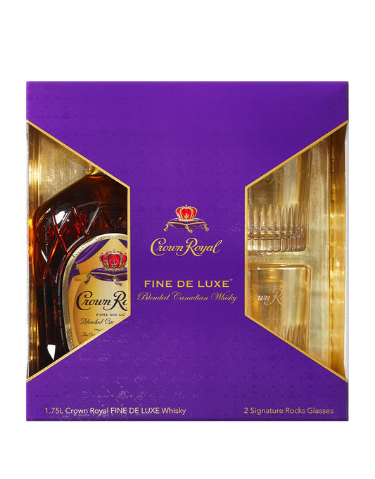 CROWN ROYAL FINE DE LUXE BLENDED CANADIAN WHISKY WITH TWO SIGNATURE ROCKS GLASSES 1.75 L