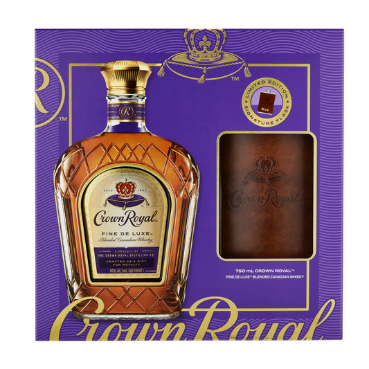 CROWN ROYAL FINE DE LUXE BLENDED CANADIAN WHISKY WITH FAUX LEATHER WRAPPED FLASK 750 ML