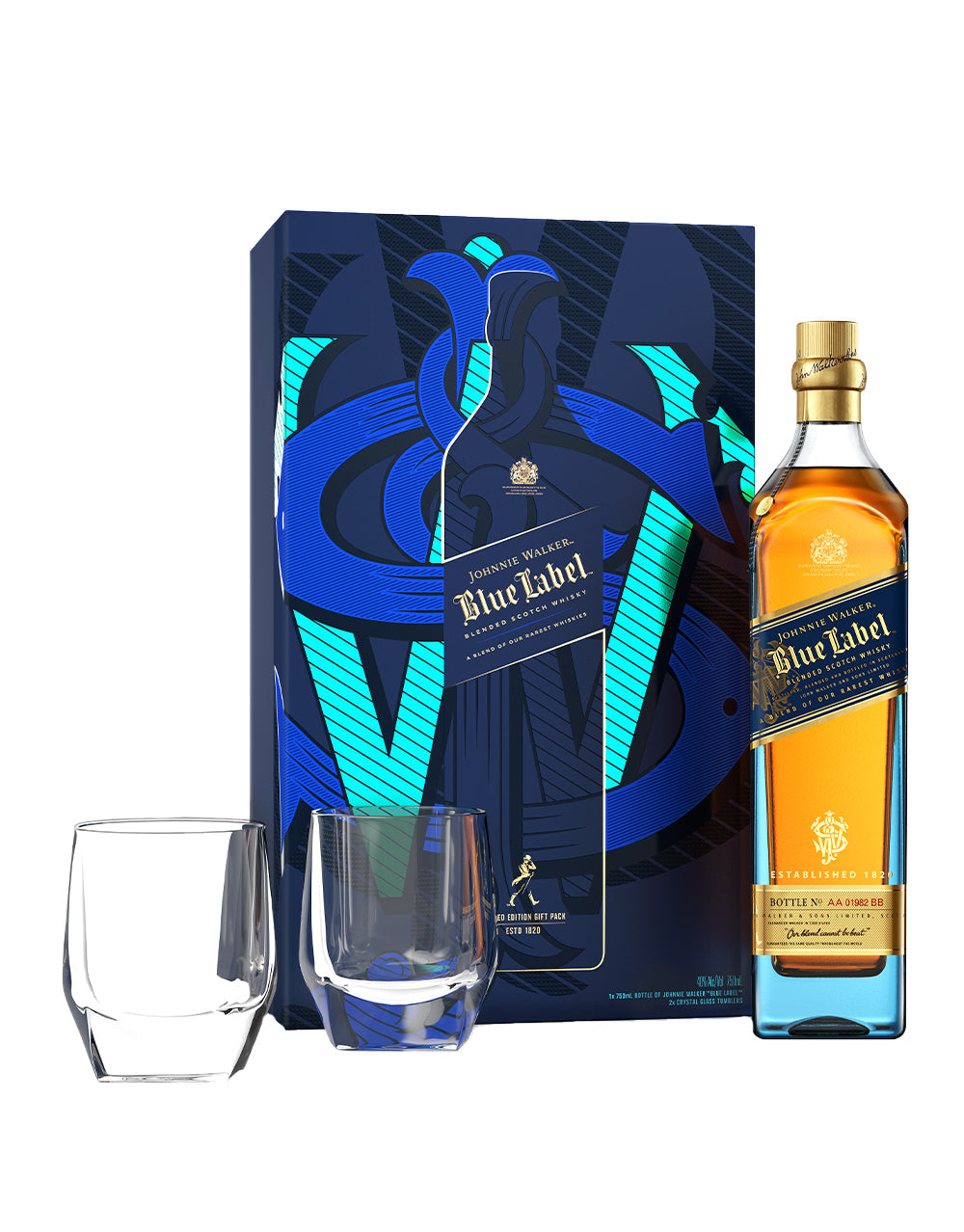 JOHNNIE WALKER BLUE LABEL BLENDED SCOTCH WHISKY WITH TWO CRYSTAL GLASSES 750 ML