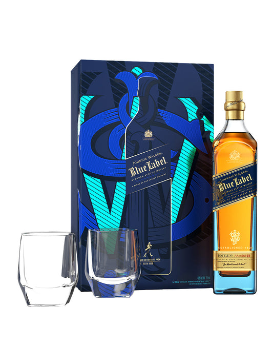 JOHNNIE WALKER BLUE LABEL BLENDED SCOTCH WHISKY WITH TWO CRYSTAL GLASSES 750 ML
