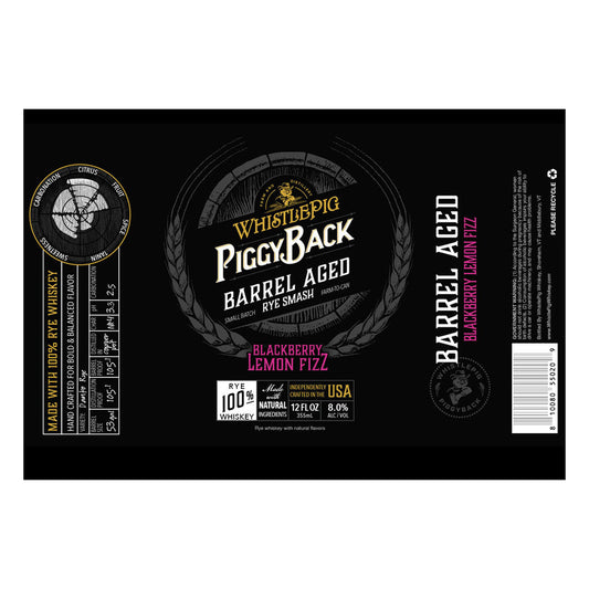 Whistlepig PiggyBack Barreled Age Rye Smash Canned Cocktail Blackberry Lemon Fiz 750mlz