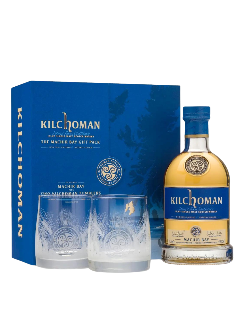 KILCHOMAN MACHIR BAY ISLAY SINGLE MALT SCOTCH WHISKEY GIFT SET WITH 2 GLASSES 750 ML
