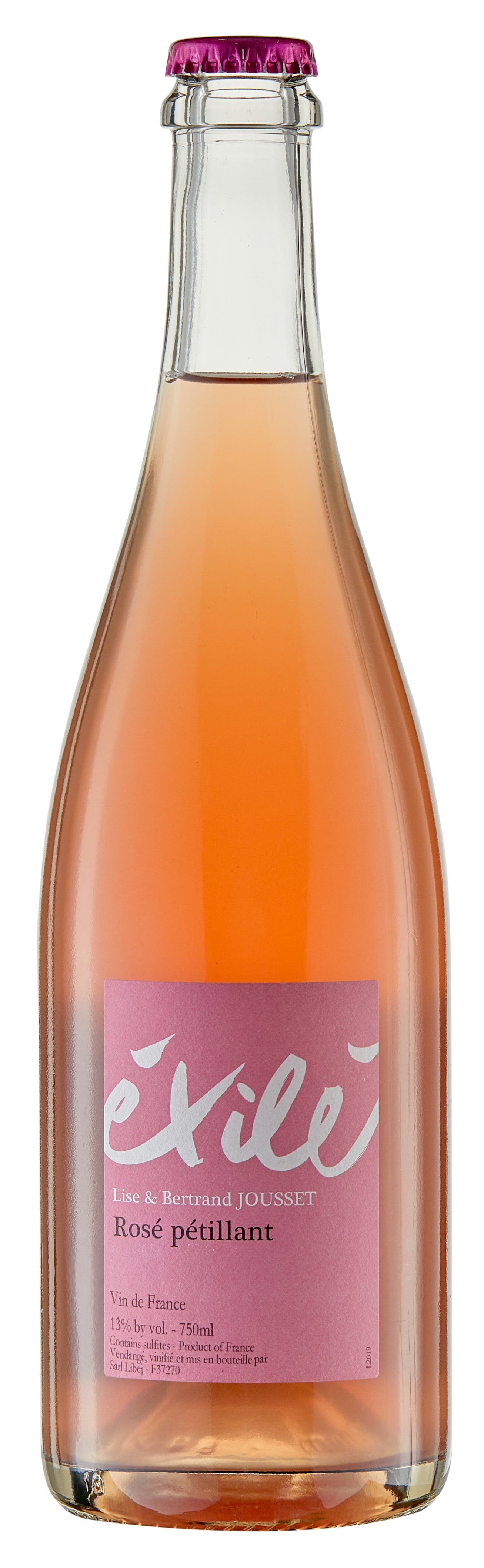 Domaine Lise et Bertrand Jousset Pet Nat Exile Rose 2023  Front Bottle Shot