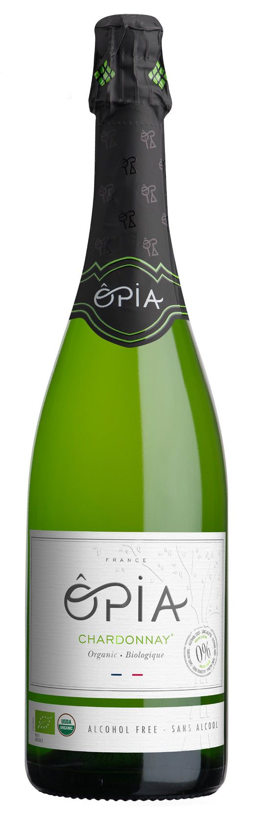Opia Organic Sparkling Chardonnay (Non-Alcoholic)  Front Bottle Shot
