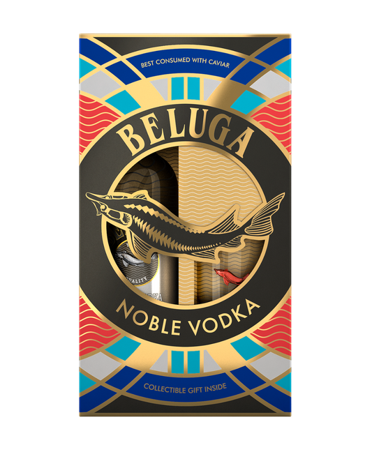 BELUGA NOBLE VODKA AND ROCKS GLASS WITH COLOR FISH GIFT SET 750 ML