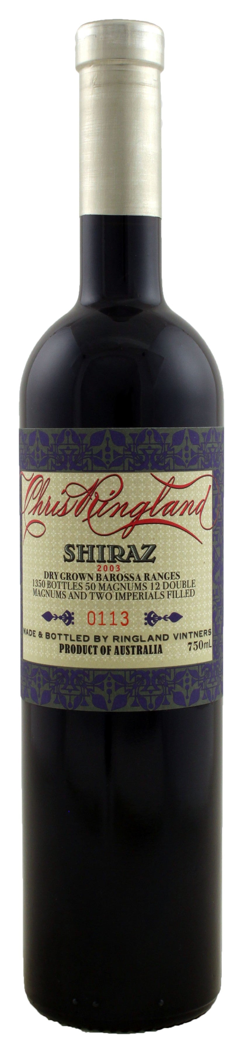 Chris Ringland Three Rivers Dry Grown Shiraz 2003  Front Bottle Shot