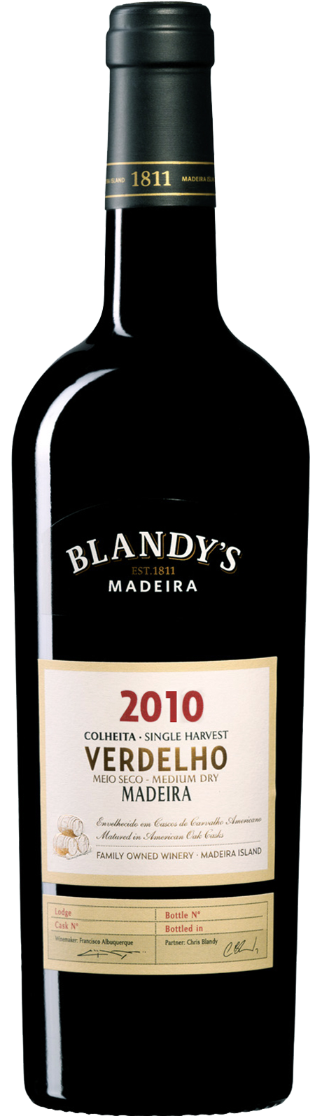 Blandy's Verdelho Colheita Single Harvest Medium Dry Madeira 2010  Front Bottle Shot
