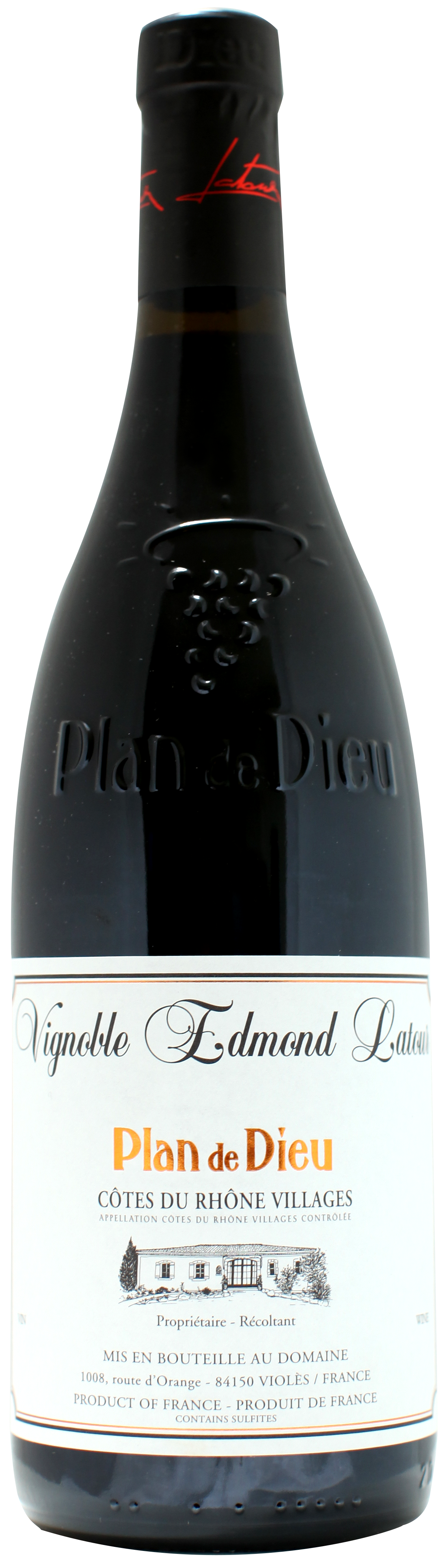 Vignobles Edmond Latour Cotes du Rhone Villages Plan de Dieu 2021  Front Bottle Shot