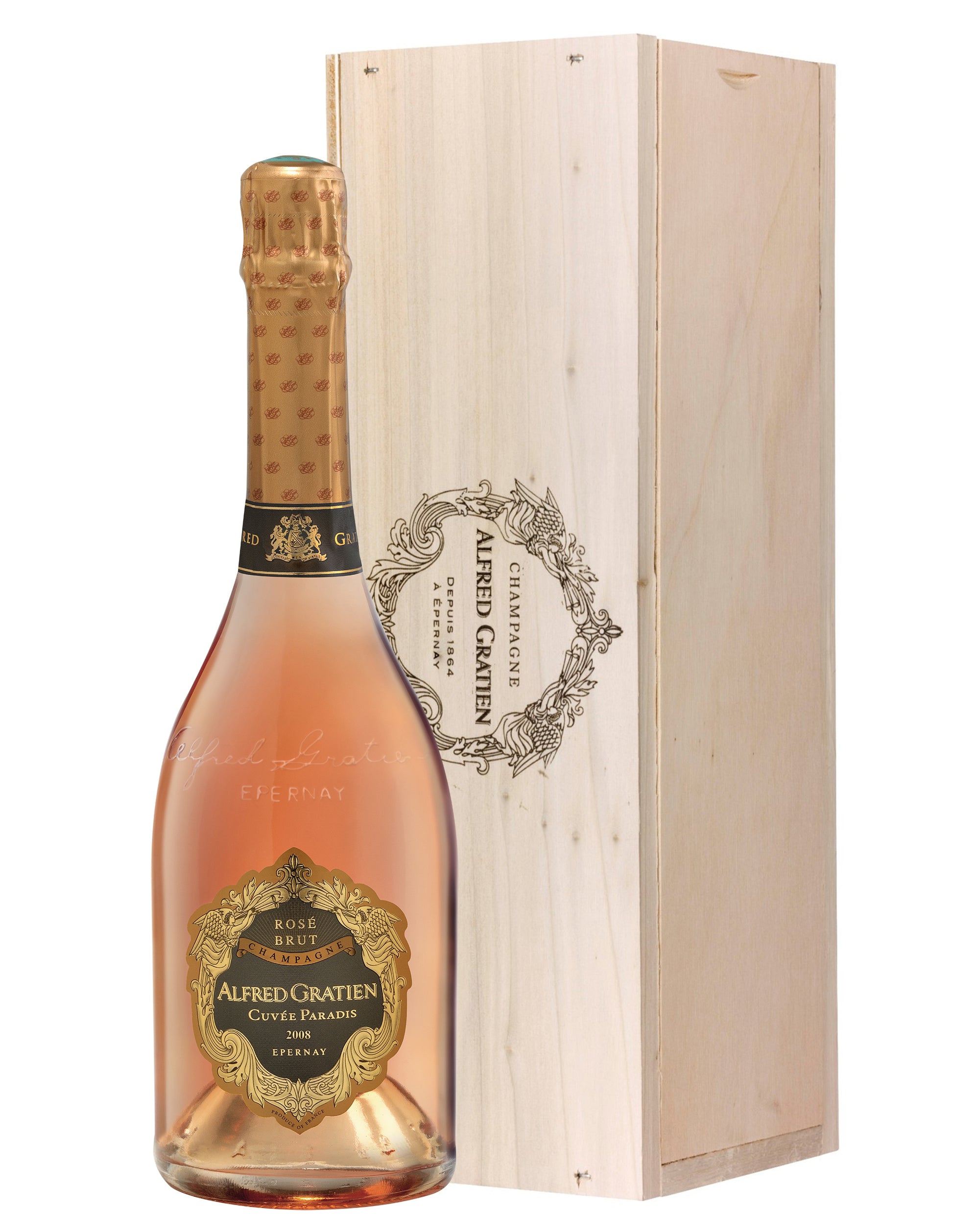 Alfred Gratien Cuvee Paradis Brut Rose with Wooden Gift Box 2008  Front Bottle Shot