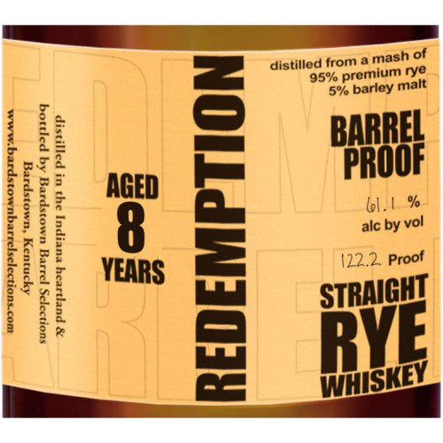 Redemption 8 Year Old Barrel Proof Straight Rye Whiskey