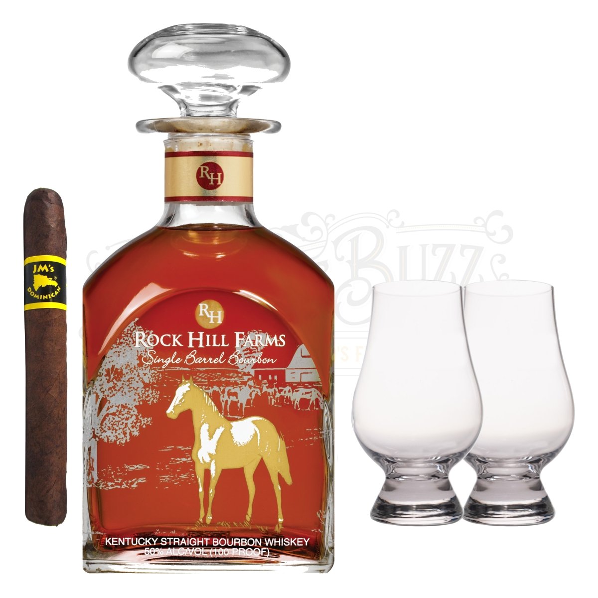 Rock Hill Farms Single Barrel Bourbon with Glencairn Glass Set & Cigar Bundle