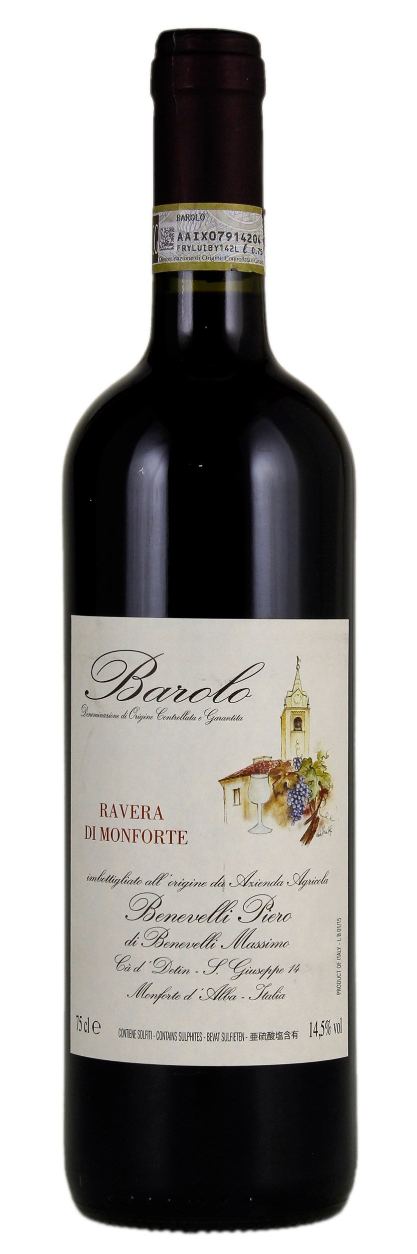 Piero Benevelli Barolo Ravera 2020  Front Bottle Shot